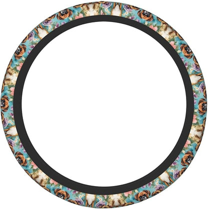 Boxer Dog Florals Mint Flowers Neoprene Steering Wheel Covers Women Men Car Accessories, Universal 15 Inch Fit Auto, Suvs, Truck