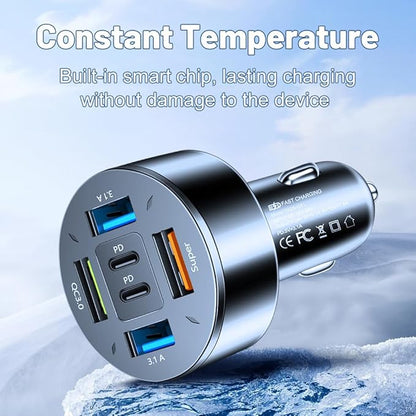 66W Multi-Port USB C Car Phone Charger, 6 in 1 Super Fast Charging Cigarette Lighter USB Charger for iPhone 16 15 14 13 12 11/Android/Samsung/iPad Pro and More (Black)