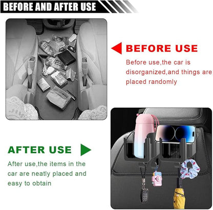 2PCS Multifunctional Car Cup Holder, Car Phone Holder with Headrest Hooks, Hanging Storage Organizer Accessories, Universal Car Back Seat Hook for Purse, Keys, Umbrella, Bag