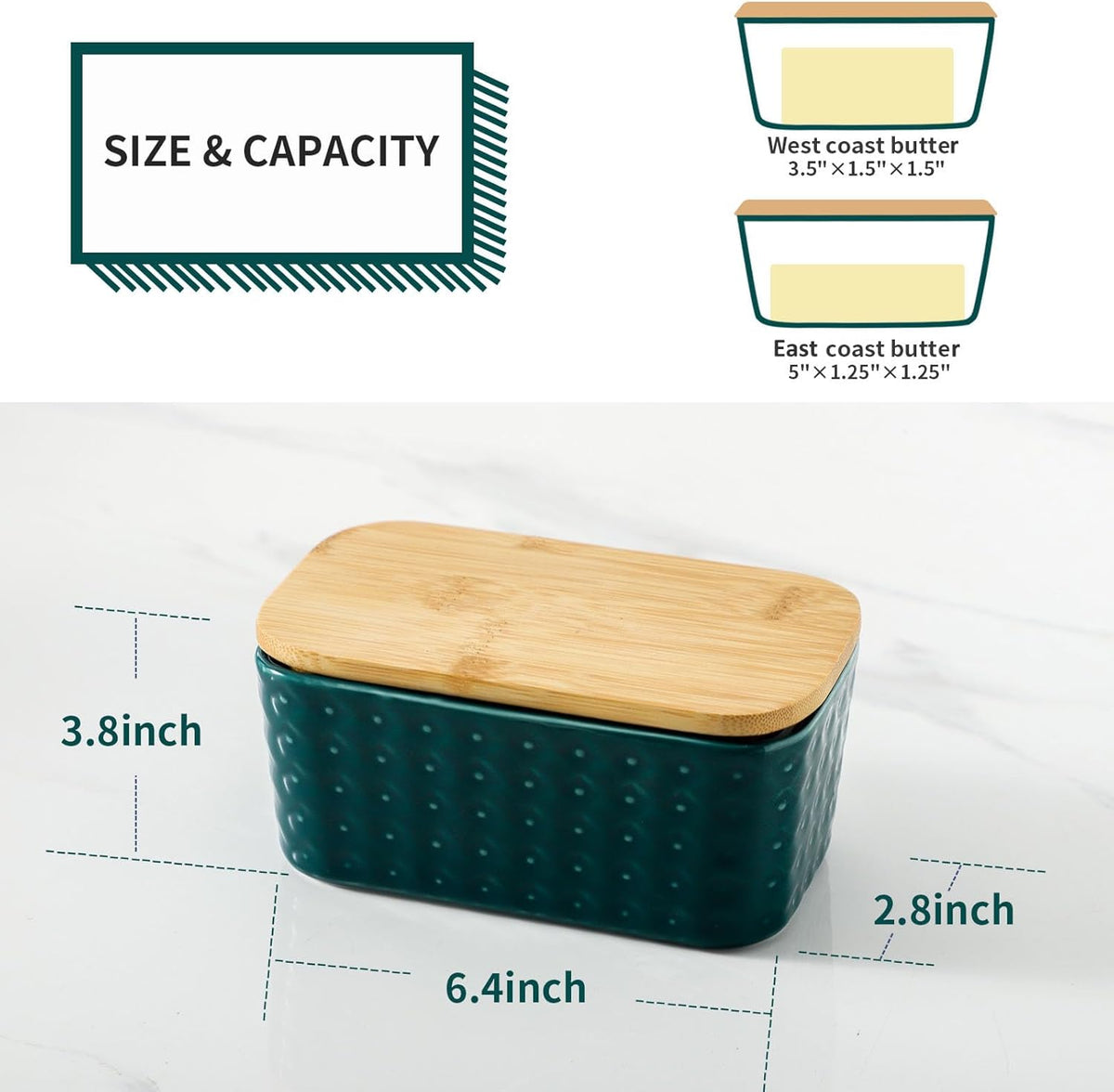 Hasense Ceramic Butter Dish with Lid, Large Butter Container for Countertop Airtight Butter Stick Covered Keeper, Embossed Pattern,Easy Clean Dishwasher Safe, Green