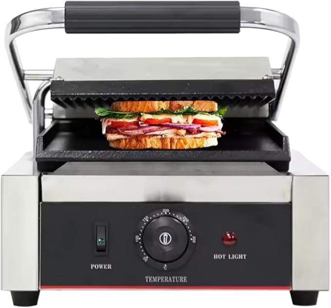 Commercial Panini Press With Grooved Grill Sandwich Maker Machine Electric