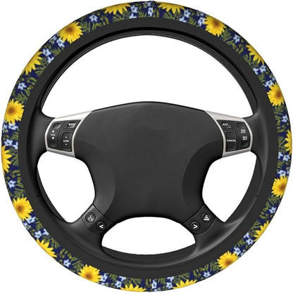 Sunflower Steering Wheel Cover with 2 Car Coasters Non Slip Neoprene for Women Men Universal 15 Inch
