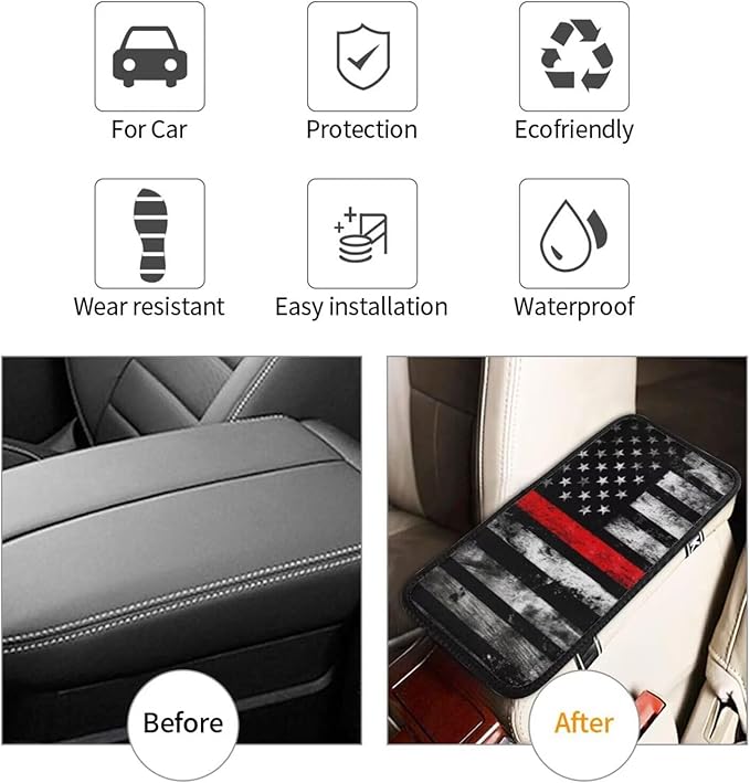 Black American Flag Car Center Console Cover Retro Red Stripe National Armrest Cushion Protector Interior Accessories Fit for Most Cars Sedans Vans Truck Vehicles, SUVs