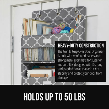 GORILLA GRIP Large Capacity Closet Organizer, 5 Deep Shelves, Holds 50lbs, Over the Door Organizers 6 Mesh Pockets, Shelf Storage for Clothes Crafts Essentials, 3 Metal Hooks, 58x15 Inches, Quatrefoil