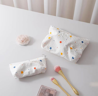 getgto 2 Pcs Makeup Bags, Large Cosmetic Bag Travel Toiletry Bag Organizer for Women, Embroidery Craft, Floral Makeup Bag Small Cosmetic Pouch Purse with Zipper, Gifts for Girls Teen (Colorful Dots)