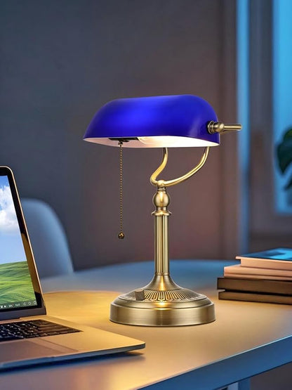 Newrays Blue Glass Bankers Desk Lamp, Stepless Dimmable Table Lamp Plug in