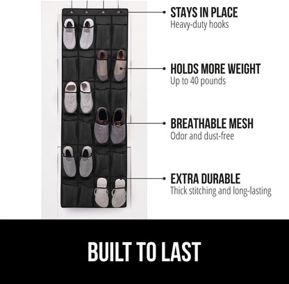 GORILLA GRIP Over the Door Shoe Organizer, 2 Pack, 24 Breathable Mesh Pockets, Space Saving Hanging Storage Holder, Closet Rack Hanger Holds Up to 40 lbs, Hangs on Closets, Shoes, Accessories, Black