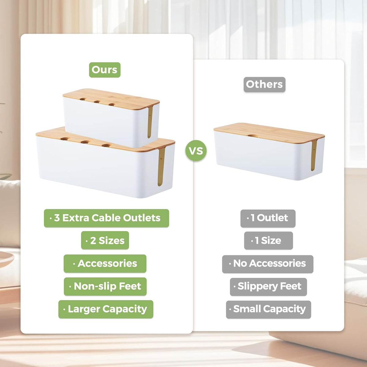 Cable Management Box 2 Pack, Cord Cable Organizer Box with Bamboo Lid, Under Desk Cable Management with 10 Cable Ties and 2 Cable Clip Holders for TV Router Computer USB Hub