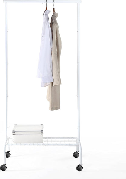 SunnyPoint Rolling Garment Rack with Shelf – Heavy-Duty Metal Clothing Rack on Wheels, 64.9” Tall Clothes Organizer with Bottom Storage, White