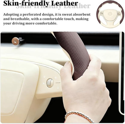 3PCS Car Steering Wheel Cover, Nappa Leather Breathable Non-Slip Segmented Steering Wheel Protector, Snap-on Auto Interior Decoration Accessories, Universal Fit (Brown)