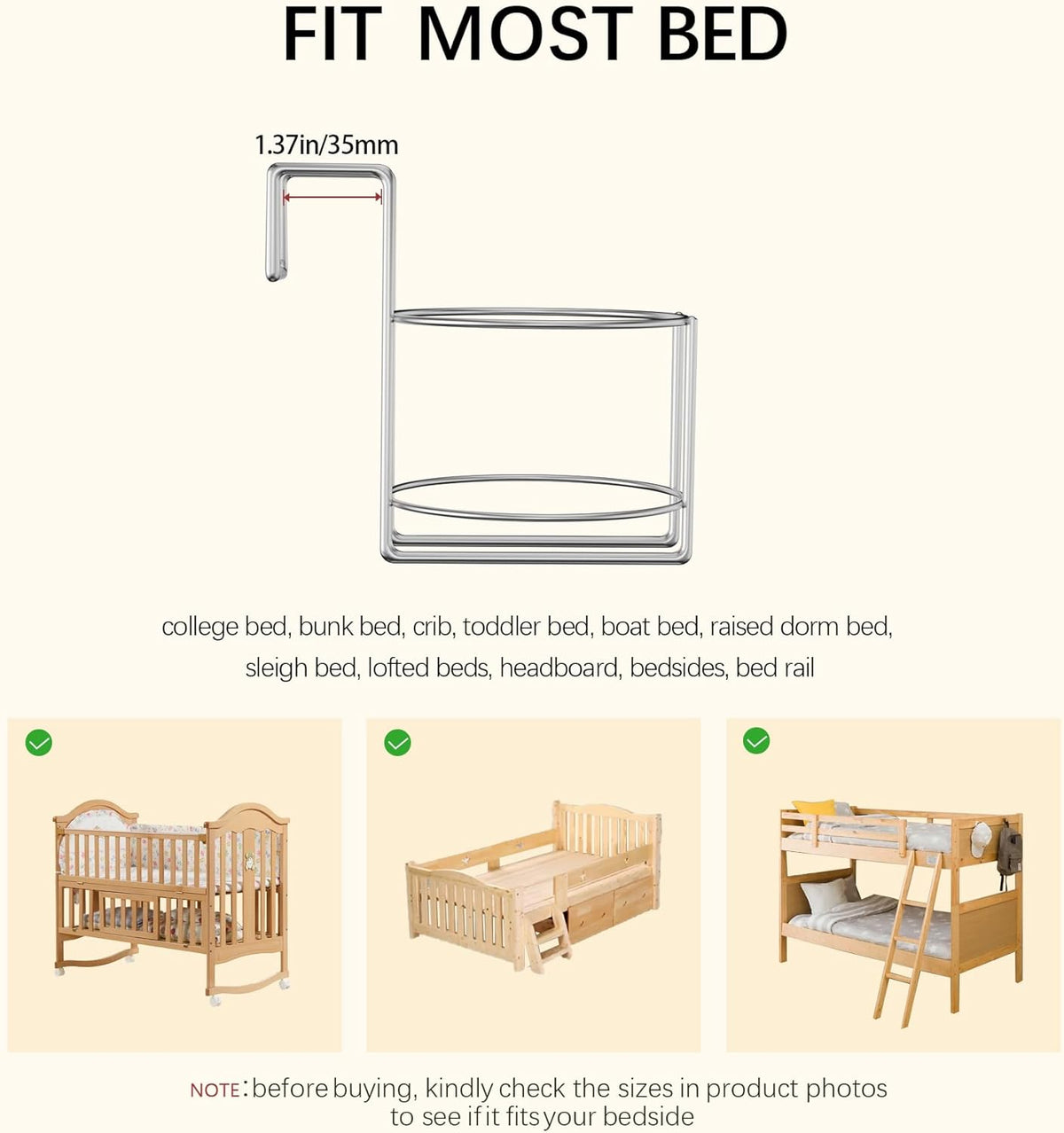 Cup Holder for Bed (Diameter: 4.1IN) Drink Holder Water Bottle/Glass Organizer for Wood Dorm Room Bunk Bed Crib, Metal Toddle Bed,Loft Bedside, Headbed, Car,Office Desk Partition
