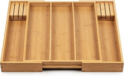Purawood Kitchen Drawer Organizer with Knife Blocks - Utensil Drawer Organizer for Kitchen, Cutlery Tray & Silverware Organizer, 3-5 Slots - Bamboo Organizer for Utensils & Flatware (Natural)