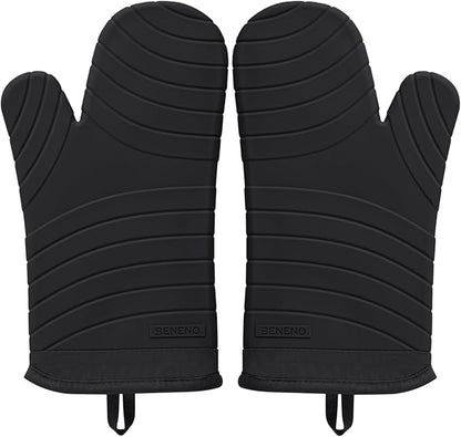 Beneno Heat Resistant Silicone Oven Mitts BPA-Free, Non-Slip Textured Grip & Quilted Cotton Lining, Waterproof Kitchen Mitt 2-Pack Set, 7"x13", Black