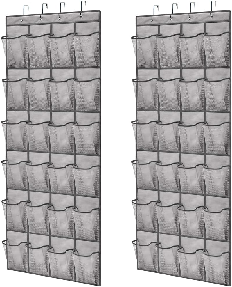 GORILLA GRIP Over the Door Shoe Organizer, 2 Pack, 24 Breathable Mesh Pockets, Space Saving Hanging Storage Holder, Closet Rack Hanger Holds Up to 40 lbs, Hangs on Closets, Shoes, Accessories, Gray