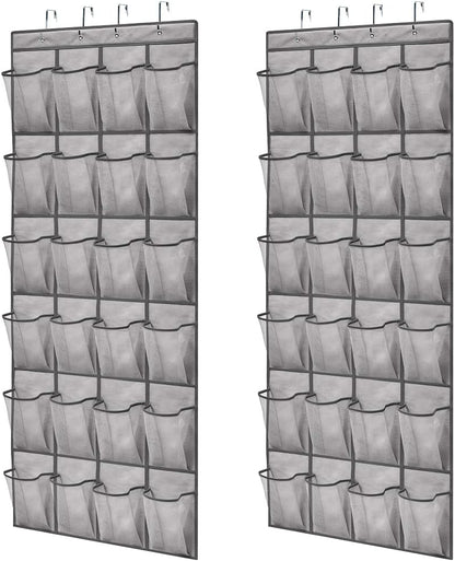 GORILLA GRIP Over the Door Shoe Organizer, 2 Pack, 24 Breathable Mesh Pockets, Space Saving Hanging Storage Holder, Closet Rack Hanger Holds Up to 40 lbs, Hangs on Closets, Shoes, Accessories, Gray