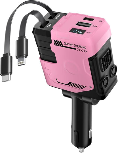 Retractable Car Charger with Retractable Cable (31.5 inch), 4 in 1 Super Fast Car Phone Charger, 2 USB Ports Adapter, Compatible with iPhone 15 14 13 12 11 Pro Max, iPad, Pixel