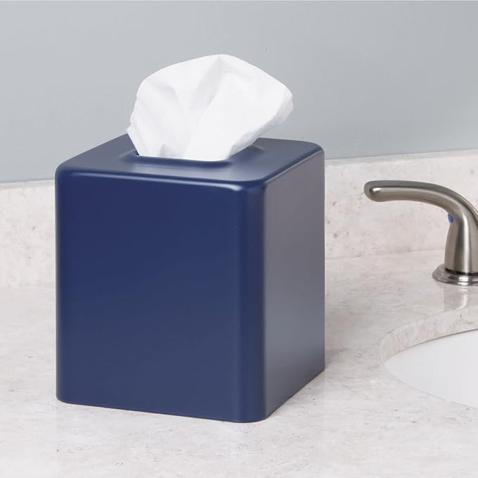 mDesign Metal Square Tissue Box Cover, Modern Facial Paper Holder - Accessories for Bathroom Vanity Countertop, Bedroom Dresser, Night Stand, Desk, Office, End Table, Unity Collection, Matte Navy Blue