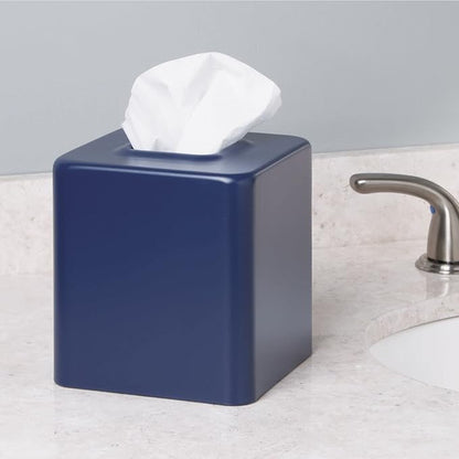 mDesign Metal Square Tissue Box Cover, Modern Facial Paper Holder - Accessories for Bathroom Vanity Countertop, Bedroom Dresser, Night Stand, Desk, Office, End Table, Unity Collection, Matte Navy Blue