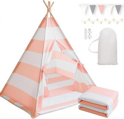 xiaowantong Teepee Tent for Kids with Padded Mat, Lights, and Carry Bag, Washable Playhouse for Indoor Use, Ideal Play Tent for Girls and Boys, Stripe Pink