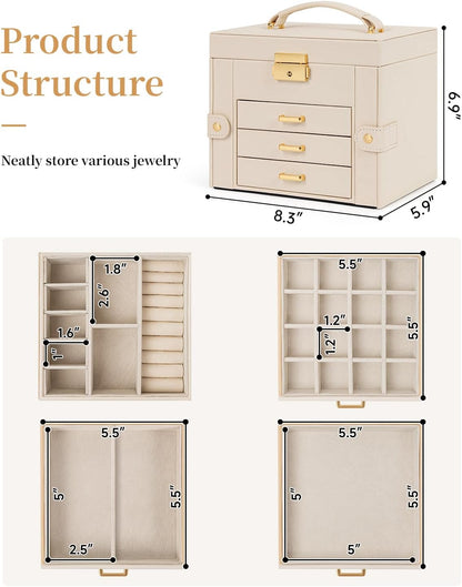 TORIBIO Jewelry Box for Women, Leather Jewelry Organizer with Mirror & Lock, 4-Tier Jewelry Storage Organizer with 3 Drawers for Girls/Women/Mothers, Necklace Earring Bracelets Holder Organizer
