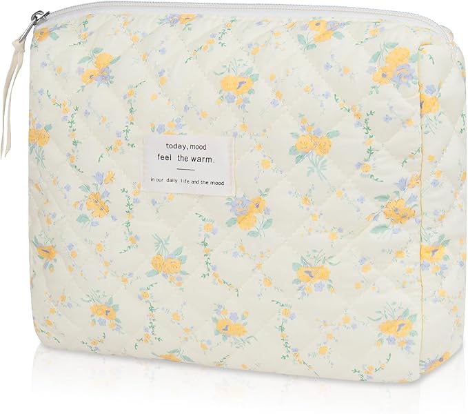 Floral Makeup Bag, Small Cosmetic Bag for Women Girls, Cute Cotton Makeup Bag, Quilted Makeup Bags, Flower Travel Toiletry Organizer Bag(Yellow Flowers)