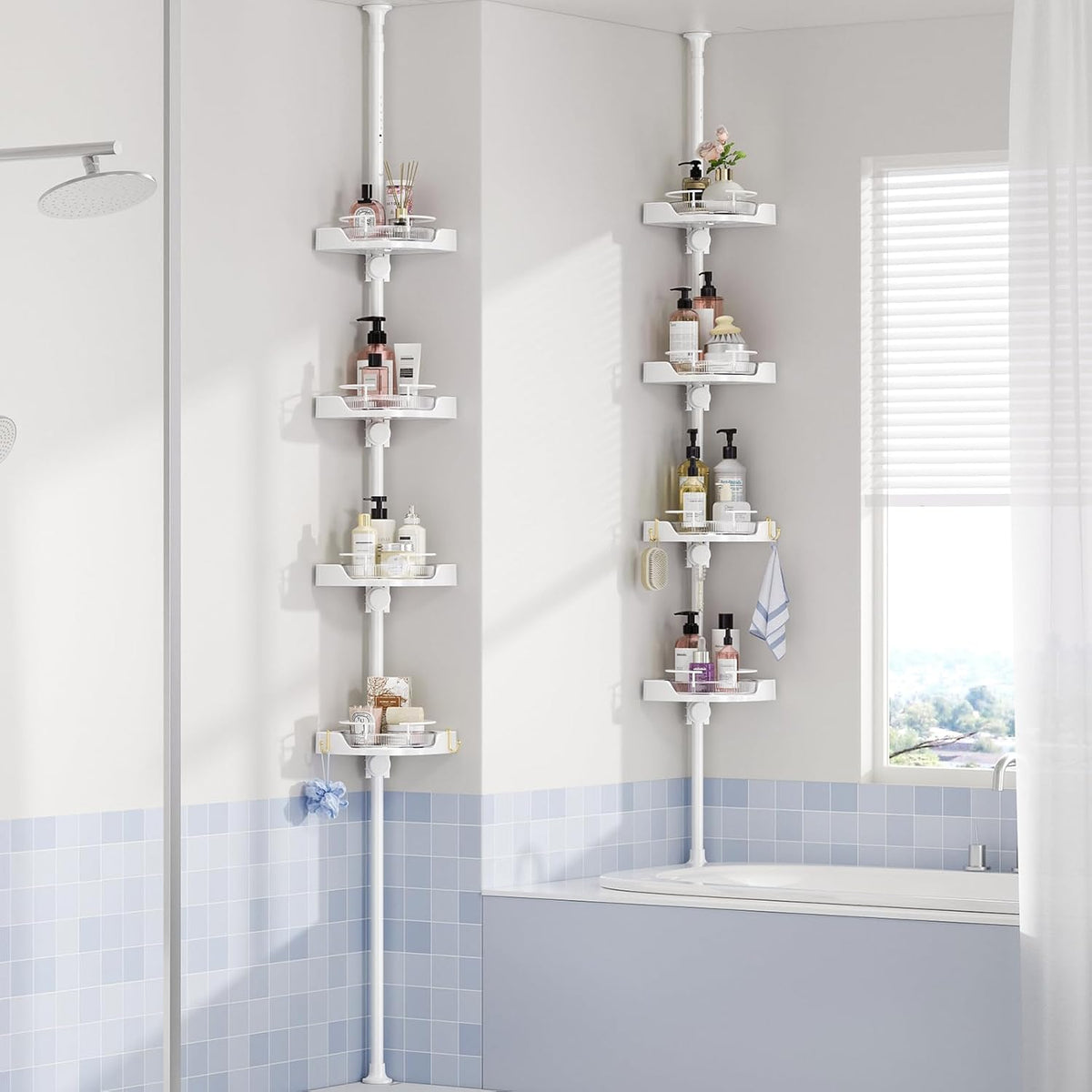 360° Rotating Corner Shower Caddy Tension Pole Organizer - 4-Tier Adjustable Rustproof Metal Pole, Plastic Shelves with Safety Guardrail, Bathroom Storage for Shower & Bathtub(White)