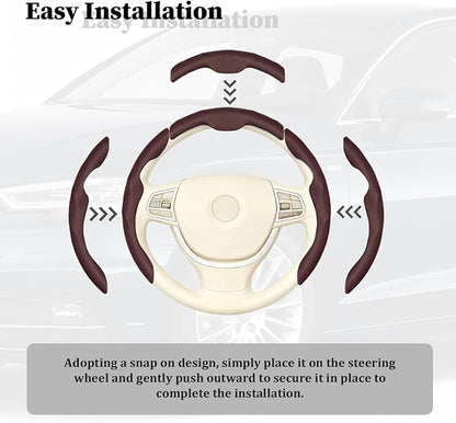 3PCS Car Steering Wheel Cover, Nappa Leather Breathable Non-Slip Segmented Steering Wheel Protector, Snap-on Auto Interior Decoration Accessories, Universal Fit (Brown)