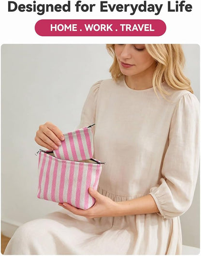2 Pcs Makeup Bag Set, Women Gifts, Travel Cosmetic Bags, Canvas Make up Bag for Purse, Pink Striped Makeup Pouch with Zipper Lining, Cosmetic Storage Car Organizer, Portable Large & Small Toiletry