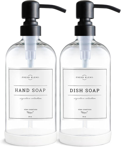 Vine Creations Clear Glass Soap Dispenser, 2 Pack Kitchen Soap Dispenser Set with Stainless Steel Pump, 16 oz Dish Soap and Hand Soap Dispensers for Bathroom with Waterproof Labels