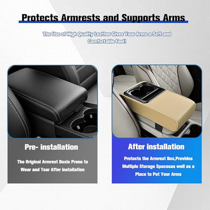 Car Center Console Armrest Pillow, Vehicle Armrest Seat Box Cushion Pad with Cup Holder & Phone Holder, Comfortable Auto Middle Console Cover, Universal for SUV RV Truck (Beige)