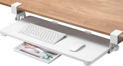ETHU Keyboard Tray Under Desk, 26.77" X 11.81" Large Size Keyboard Tray with C Clamp-on Mount Easy to Install, Computer Keyboard Stand, Ergonomic Keyboard Tray for Home and Office(White)
