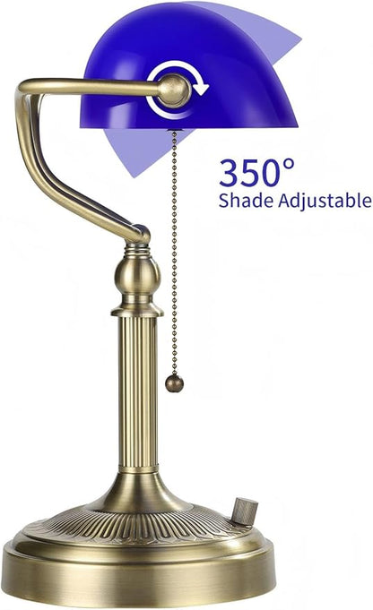 Newrays Blue Glass Bankers Desk Lamp, Stepless Dimmable Table Lamp Plug in