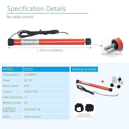 Rollerhouse DC12V ES1612 2 Wires Switch Controlled Tubular Motor Blinds