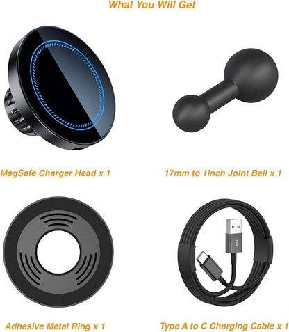 Magnetic Wireless Charging Phone Holder with 1 inch Ball Mount for MagSafe, Metal 1” (25mm) Ball for MagSafe Charger Compatible with RAM Mounts B Size Double Socket Arm