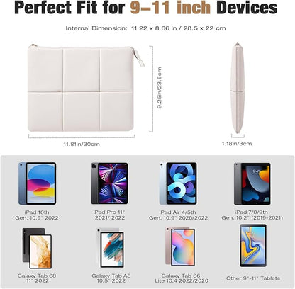MoKo 9-11 Inch Puffy Tablet Sleeve Bag Fit with New 11-inch iPad Pro M4/iPad Air M2, iPad 10th Gen 10.9, iPad Pro 11, iPad Air 4/5th Gen 10.9, Built-in Elastic Band, PU Leather Carrying Case, White