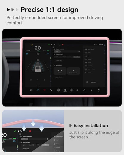 Farmogo Protector Trim Frame for 15.4'' Tesla Model Y & Model 3 Highland 2024-2026 Accessories with Wireless Silicone Charging Mat Screen Edge & Rearview Mirror Protector Frame (3 PCS Pink)