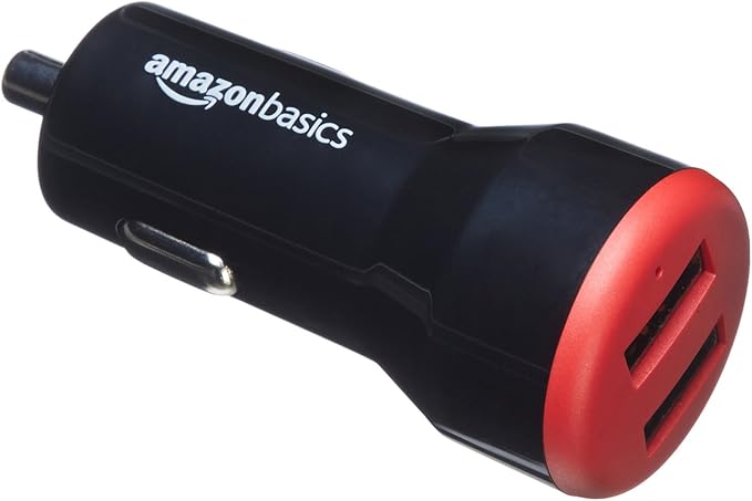 Amazon Basics 24W Dual USB Car Charger for Phones, 2-Port USB-A with LED Indicator, Small Size, Low Profile, Compatible with iPhone 16/15/14/13/12/11/X, Samsung, and more, Black/Red
