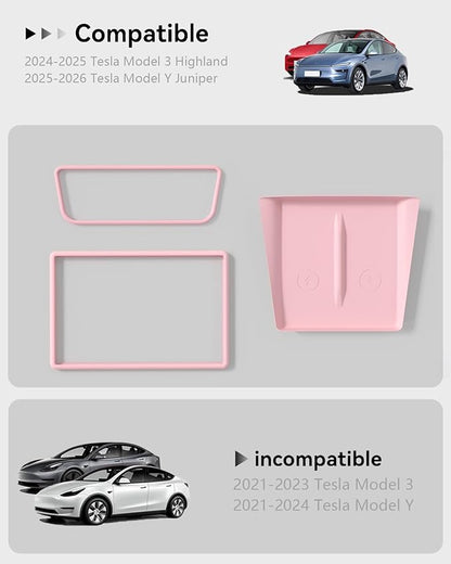 Farmogo Protector Trim Frame for 15.4'' Tesla Model Y & Model 3 Highland 2024-2026 Accessories with Wireless Silicone Charging Mat Screen Edge & Rearview Mirror Protector Frame (3 PCS Pink)