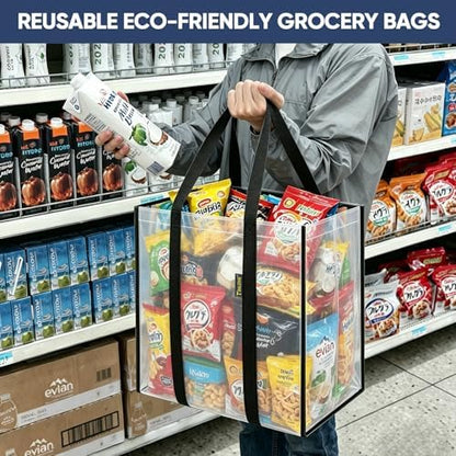 BALEINE 4 PK Grocery Bags Reusable Shopping Bags with Reinforced Bottom, Heavy Duty Foldable Tote Bags (Transparent)