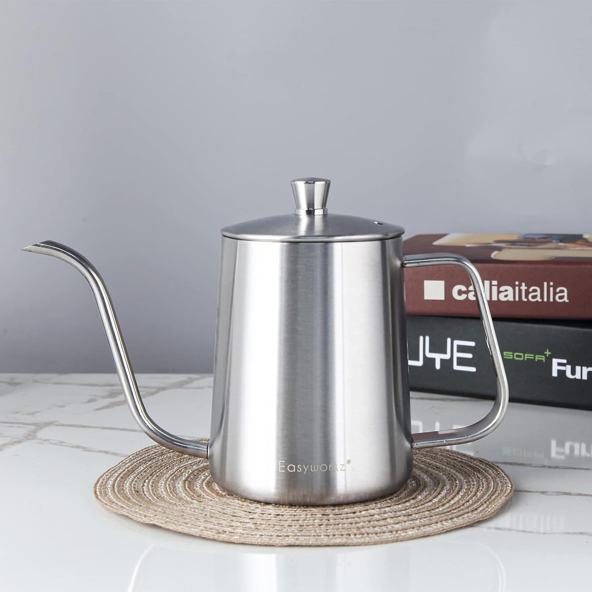 Easyworkz Gage Gooseneck Pour Over Coffee Kettle 12 oz Stainless Steel Hand Drip Long Narrow Spout, Silver