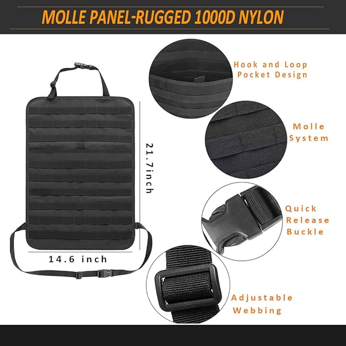 Molle Tactical Seat Back Organizer Panel with Pouches, Universal Fit For Vehicle Car, Khaki