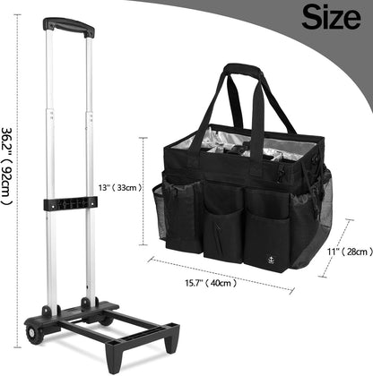 Extra Large Rolling Cleaning Caddy Bag with Detachable, Foldable Trolley Portable Cleaning Cart for Housekeeping Cleaning Caddy with Adjustable Shoulder Strap and Multiple Storage Pockets