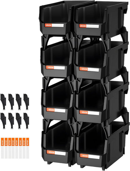VEVOR Plastic Stackable Storage Bins, 10.9 x 5.5 x 5.1 inch (8 Pack), Plastic Containers for Organizing and Storage Bins for Closet, Garage, Small Parts, Office Supplies and Other Accessories, Black
