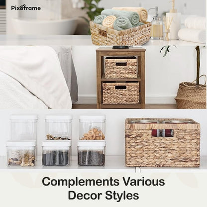 Large Rectangular Handwoven Wicker Basket - Natural Water Hyacinth Storage Baskets with 2 Built-in Handles - Ideal for Towel, Blankets, and Home Organizer & Decor - 15"x 11"x6.75" - Brown