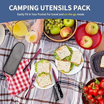 Logcow Travel Utensils Set with Case, 10-Piece Reusable Stainless Steel Camping Cutlery, Portable Fork Spoon Knife Chopsticks & Straw for Work, Lunch, Picnic (Purple)
