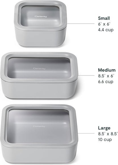Caraway 3pc Glass Food Storage Set - 10, 6.6, & 4.4 Cup Containers - Ceramic Coated - Non-Toxic Non-Stick Lunch Box With Glass Lids - Dishwasher, Oven, & Microwave Safe - Gray