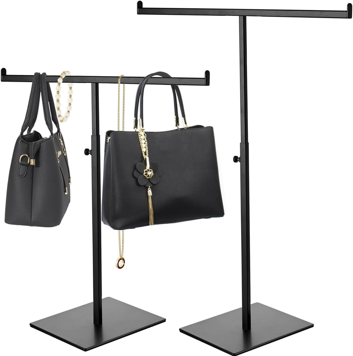 T-shaped metal rack stand,2pcs Adjustable Purse Display Stand Jewelry Towers, Table Hanging Rack, Suitable for Long Necklaces, Scarves, Hanging Ribbons, Jewelry and Handicrafts Display (Black 2pcs)