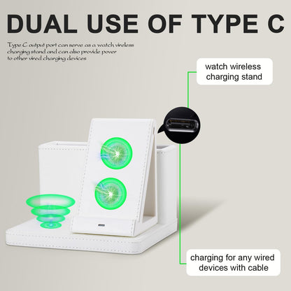 Leather Desk accessories Pen Holder with 3-in-1 Wireless Charger for Phone, Earbuds, Watch Multifunctional Desktop Phone Stand for Office and Home,birthday gifts,gifts for him (white)