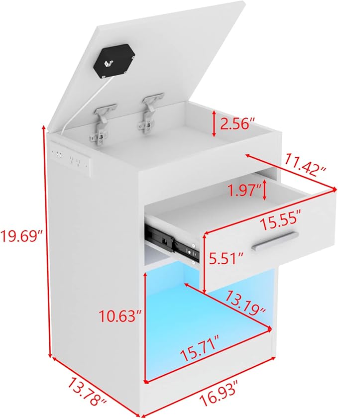Auromie Nightstand with Charging Station and LED Lights, Concealment Furniture
