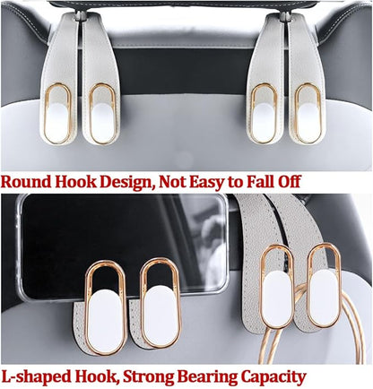 2PCS Car Seat Headrest Hook, Leather Dual Hook Vehicle Seat Back Storage Organizer for Purse Handbag Umbrella, Auto Backseat Groceries Hanger Holder, Universal for Truck SUV Sedan (Beige)